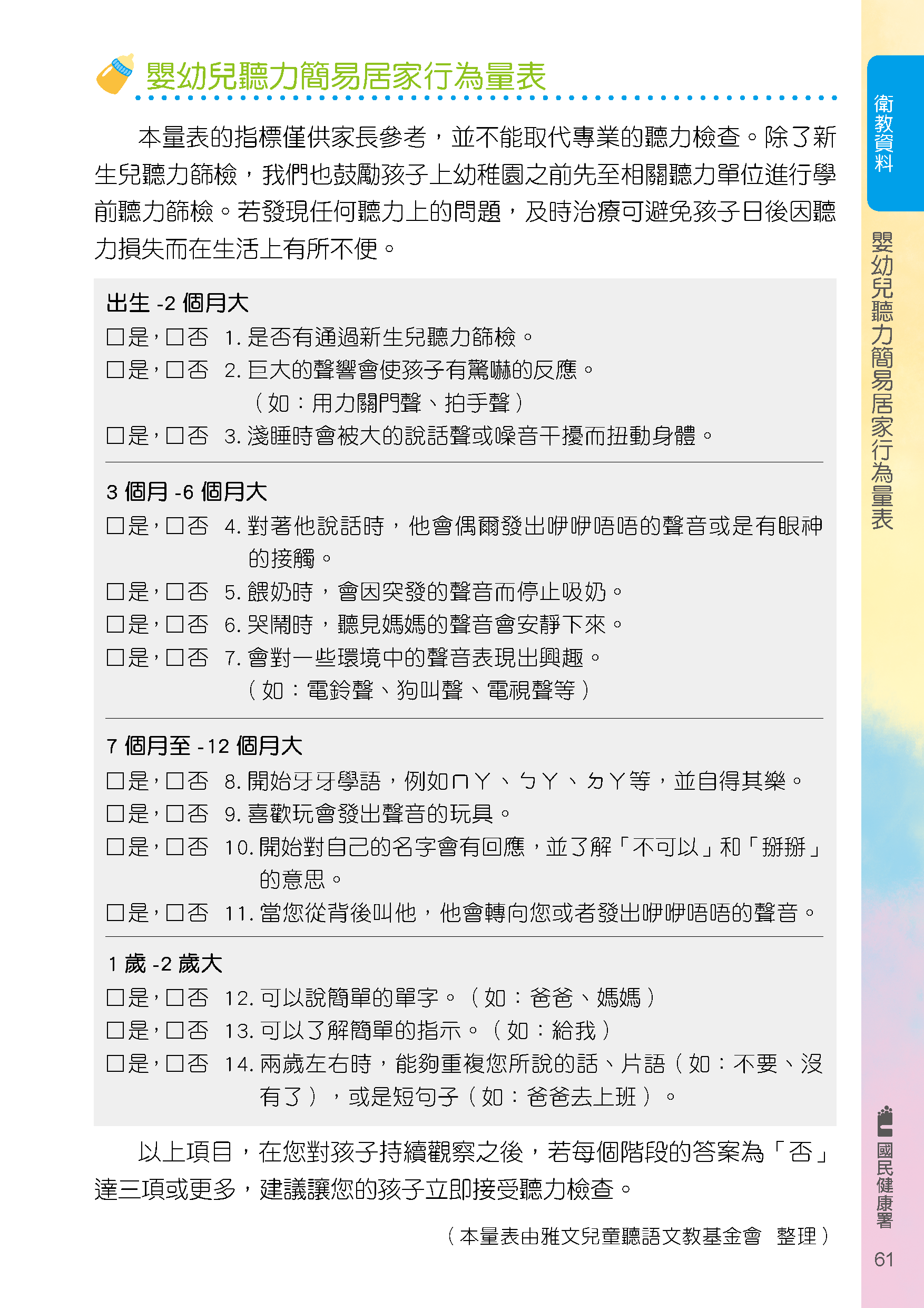 圖說：嬰幼兒聽力簡易居家行為量表(詳細請閱讀新聞稿內容)